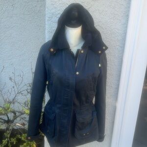 ZARA Women's Blue Hooded Waxed Jacket with Gold Hardware Size M